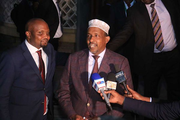 Majority Leader Aden Duale addresses the media outside Parliament Buildings on September 20, 2018 regarding the fuel levy debate. PHOTO | JEFF ANGOTE | NATION MEDIA GROUP